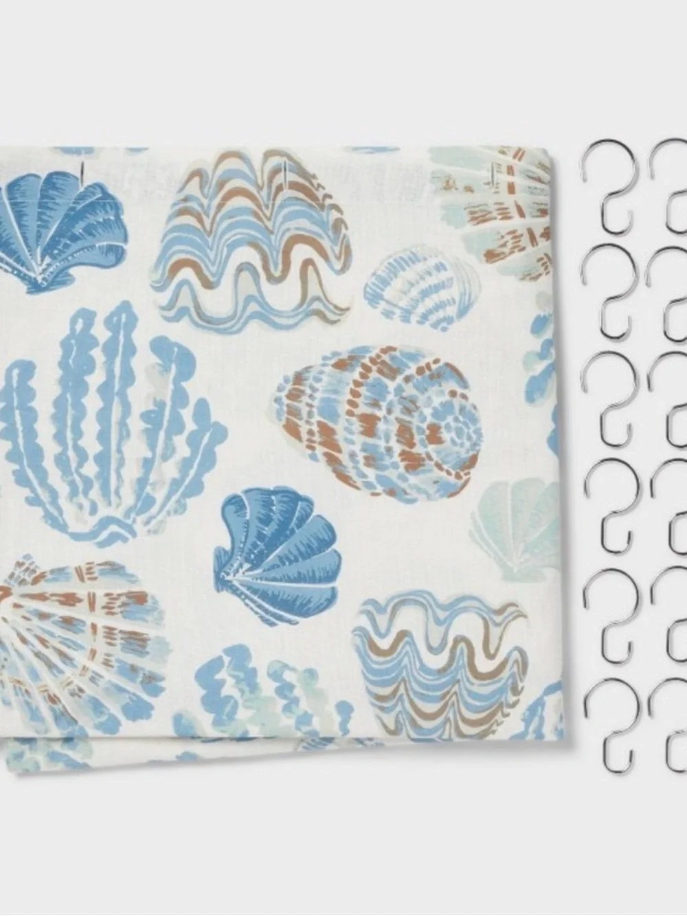 NEW-Threshold Seashell Print Shower Curtain in Blue, Cream and Tan